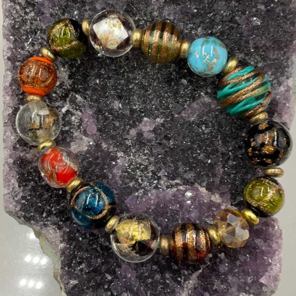 8” Fancy Murano Multicolor Glass Bead Stretch Bracelet - Picture 3 of 6